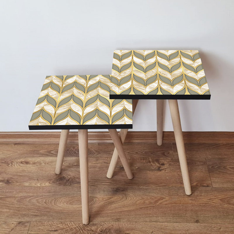 Modern Nesting Table Set (2 Pieces) - Grey & Gold, Beige & White | 100% MDF with Beech Wood Legs | Larger Table: 13.8 x 18.5 x 13.8 inches | Smaller Table: 13.8 x 16.5 x 13.8 inches | Scandinavian Geometric Design, Stylish & Functional