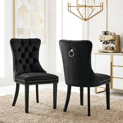 2-Piece Velvet Dining Chair Set, with Pull Ring & Nailhead Trim, for Kitchen & Dining Room, Black