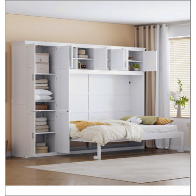 Grand lit escamotable mural avec armoires, gris