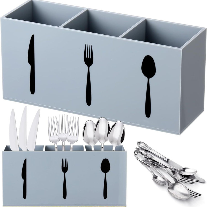 Gray Acrylic Cutlery Organizer 3 Section Silverware Caddy Storage Bin