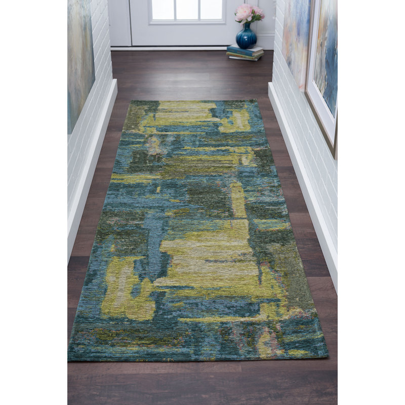 Tapis bleu/jaune/gris Asdsit, Tapis de couloir 2 pi 7 po x 7 pi 3 po