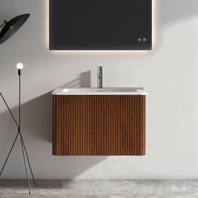 Meuble-lavabo 24 po en noyer rayé avec lavabo à surface solide blanc, meuble-lavabo mural flottant pour salle de bain moderne, pré-assemblé