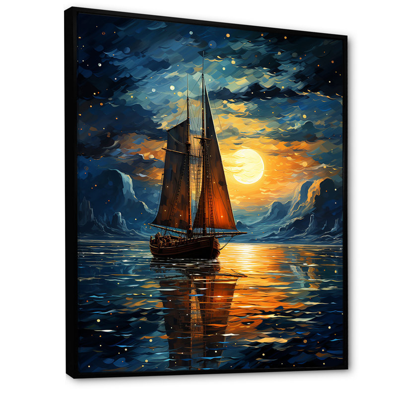 Clair de lune, bateau à voile, horizon II - bateau à voile, art mural, Cadre flottant noir, H 40 po x l 30 po x P 1,5 po