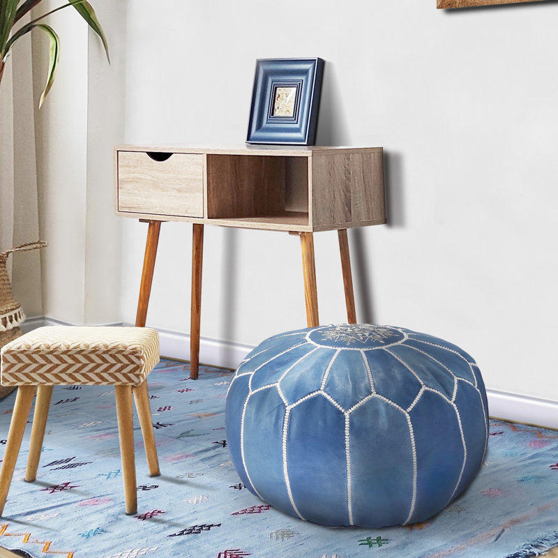 Leather Pouf, Rustic Blue Genuine Leather