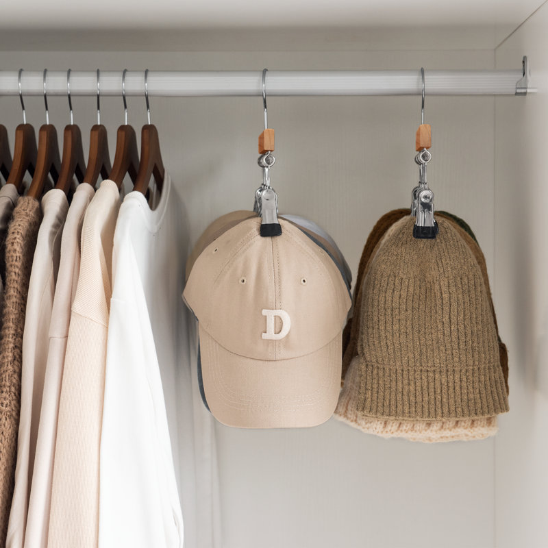 Hat Organizer with 10 Adjustable Stainless Steel Clips, Wooden Cap Storage for Closet, Natural