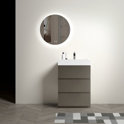 Meuble-lavabo de salle de bain 36 po - Noyer, lavabo blanc, rangement riche, lavabo élégant et moderne, fusion de finition, référence