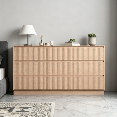 9 Drawer Dresser For Bedroom With Large Drawers, 63" Wide Wood Dresser, Large Floor Chest Of Drawers, Modern Long TV Stand, Mid Century Storage Cabinet Side Table, Natural