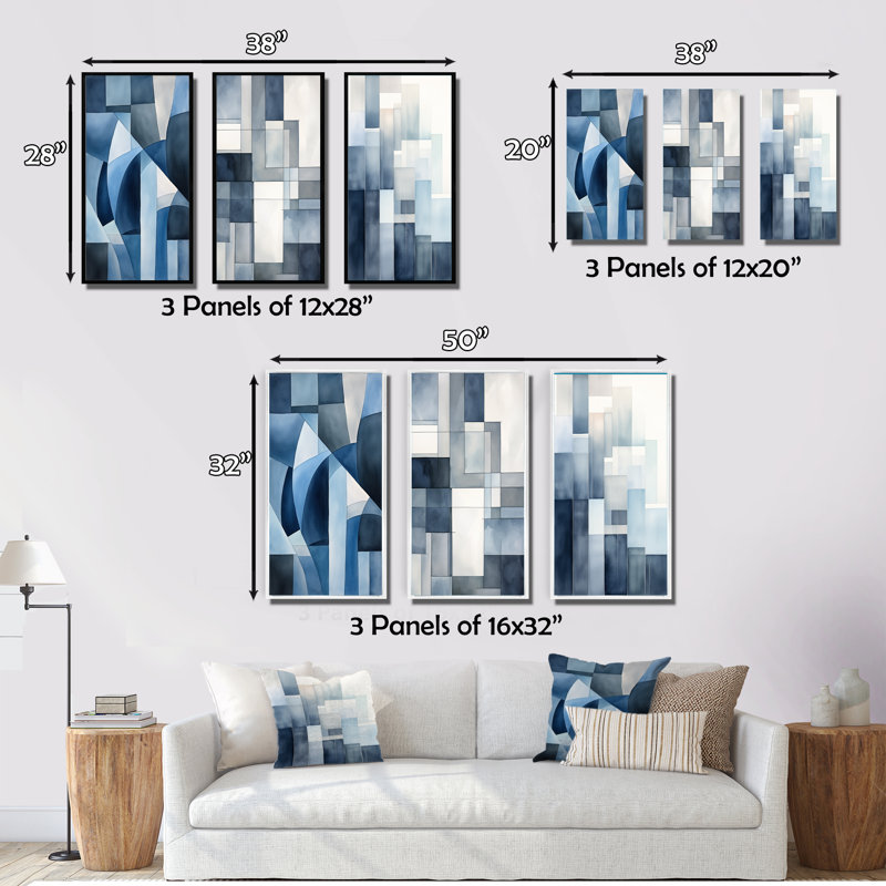 «Cubist Dreams in Faded Retro» - Ensemble de 3 pièces sur toile, Cadre flottant noir, H 40 po x l 60 po