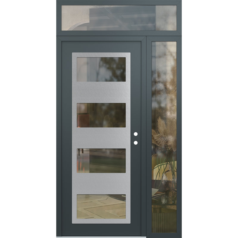 Porte d'entrée avant pré-suspendue à panneaux latéraux en acier argenté anthracite / anthracite avec panneau latéral, Clair