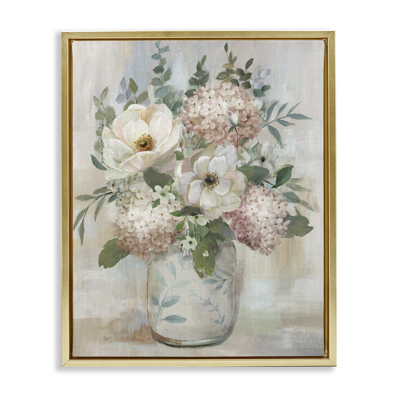 Bouquet d'hortensias et de magnolias, H 31 po x l 25 po, Cadre flottant métallique doré