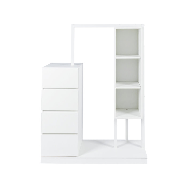 Wardrobe With Hanging Rack & Shelves, 4 Drawers Wardrobe With Storage Shelves For Bedroom, Wardrobe Closet Organizer For Hanging Clothing With Drawers And Shelves, White