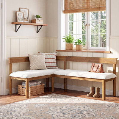 Banc de salle à manger rembourré en L en bois massif avec dossier, banc d'angle de style campagnard pour salle à manger, coin repas