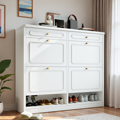 Wooden Shoe Cabinet With 4 Flip Drawers, 2 Storage Drawers And Open Compartments