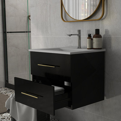 24-Inch Wall-Mounted Bathroom Vanity With Sink Combo,Double Drawers, Ceramic Basin, Easy Assemble,Long Handle In Gold Metal,2 Storage Drawers,Glossy Black