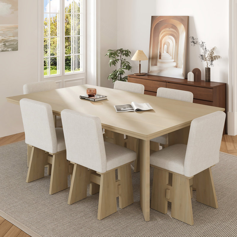 Modern 7-Piece Dining Table Set with 6 Upholstered Dining Chairs, Natural, Natural, Natural/Beige, Natural