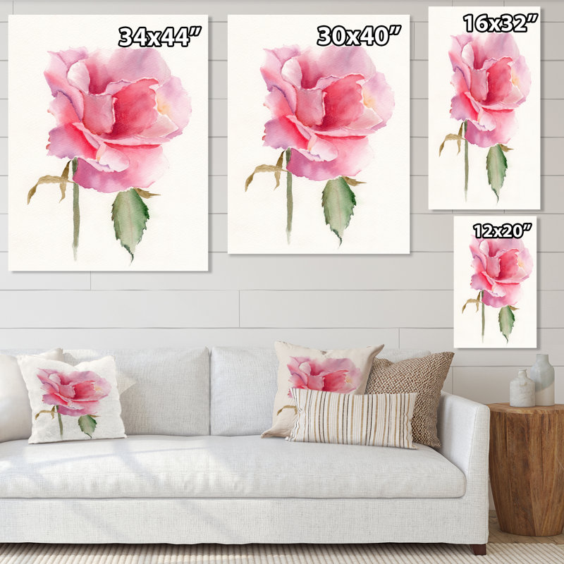 Fleur rose vif rétro - peinture sur toile, H 44 po x l 34 po x P 1,5 po, Toile tendue