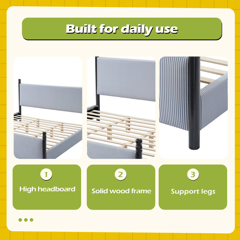 Lit tapissier rayé en bois d'hévéa, Très grand lit
