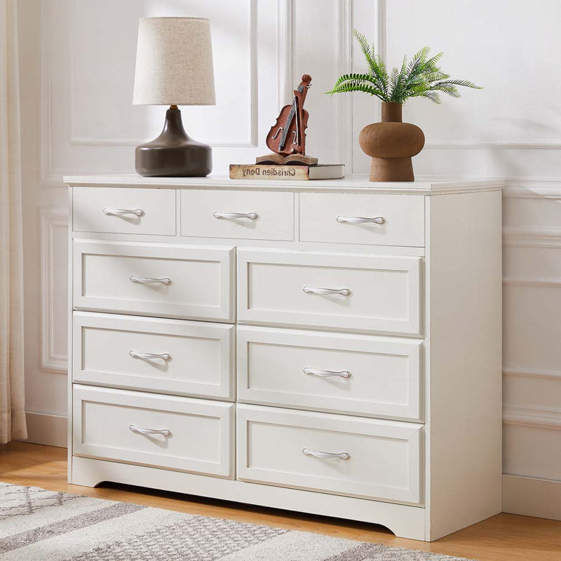 Commode 9 tiroirs avec poignées antiques, commode en bois, Blanc
