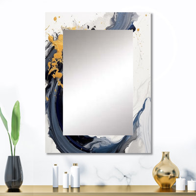 Kirrily bleu foncé et spirale dorée V - miroir mural spirales abstraites, miroir décoratif bleu, impression d'art en métal