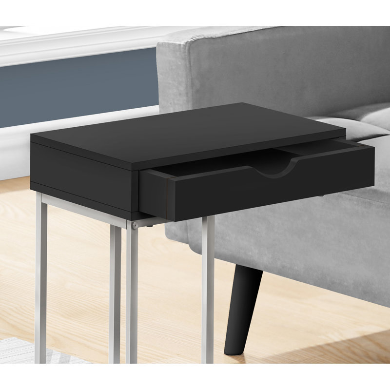 Table d'appoint, en forme de C, bout, côté, collation, tiroir de rangement, stratifié noir, métal gris, Black, Silver