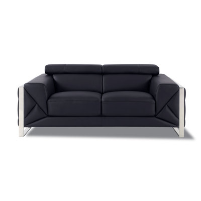 Black Genuine Leather Loveseat with Adjustable Headrests