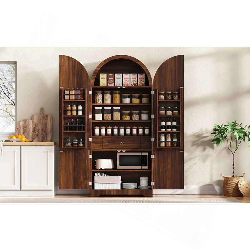 Grand garde-manger arqué de 72 po avec 8 tablettes de porte, armoires de rangement cannelées avec 3 tablettes réglables, tiroir caché, armoire polyvalente pour la cuisine, la salle à manger et la salle de bain, brun