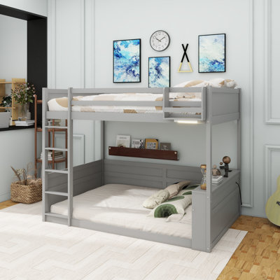 Queen Size Wooden Bunk Bed With Built-In Shelves,Storage Box,LED Light And USB Charging Station,Grey