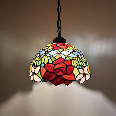 Kleist Tiffany Pendant Lighting Fixture Red Orange Blue Stained Glass Rose Flowers LED Bulb 12"W*12"D*60"H