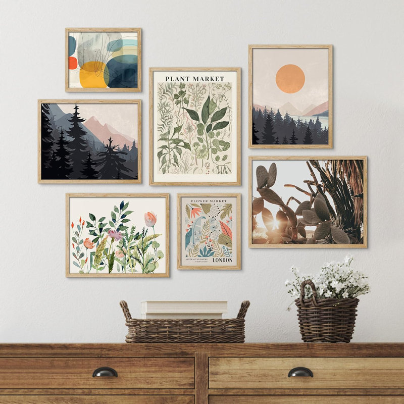 Forêt, marché, montagne, paysage, nature, art moderne pour le salon, la chambre à coucher, le bureau, impression encadrée sur papier, 7 pièces