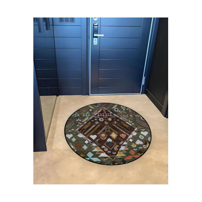 Green Brown Traditional Patterned Round Woven Base Vintage Decorative Carpet