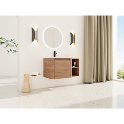 Meuble-lavabo mural 36 po avec lavabo en céramique, tablettes de rangement, 1 porte à fermeture en douceur, emballage kd, contreplaqué, mobilier moderne, finition lisse, contreplaqué rustique 45 poignées inclinées
