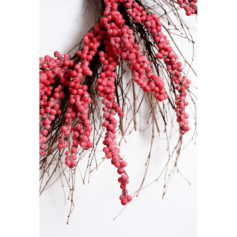 Couronne de bouleau en soie et baies, Rouge, H 24 po x l 24 po x P 6 po