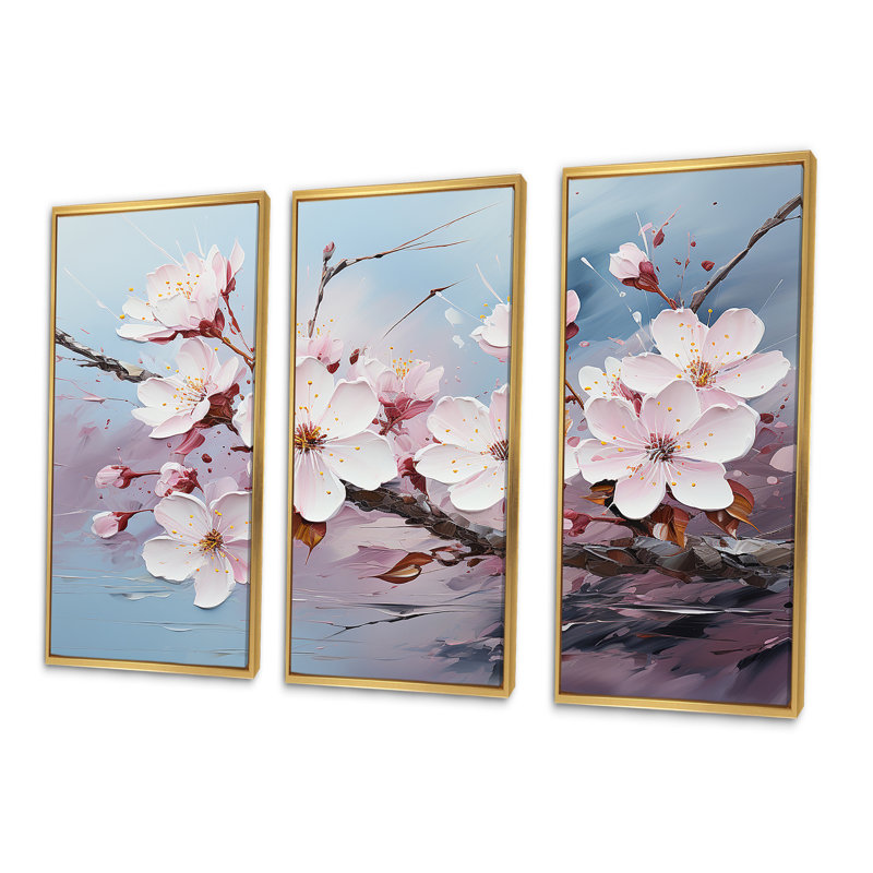 Cherry Blossom Flower Meadow I - Ensemble d'art mural sur toile Flower Field, Cadre flottant doré, H 28 po x l 36 po x P 1 po