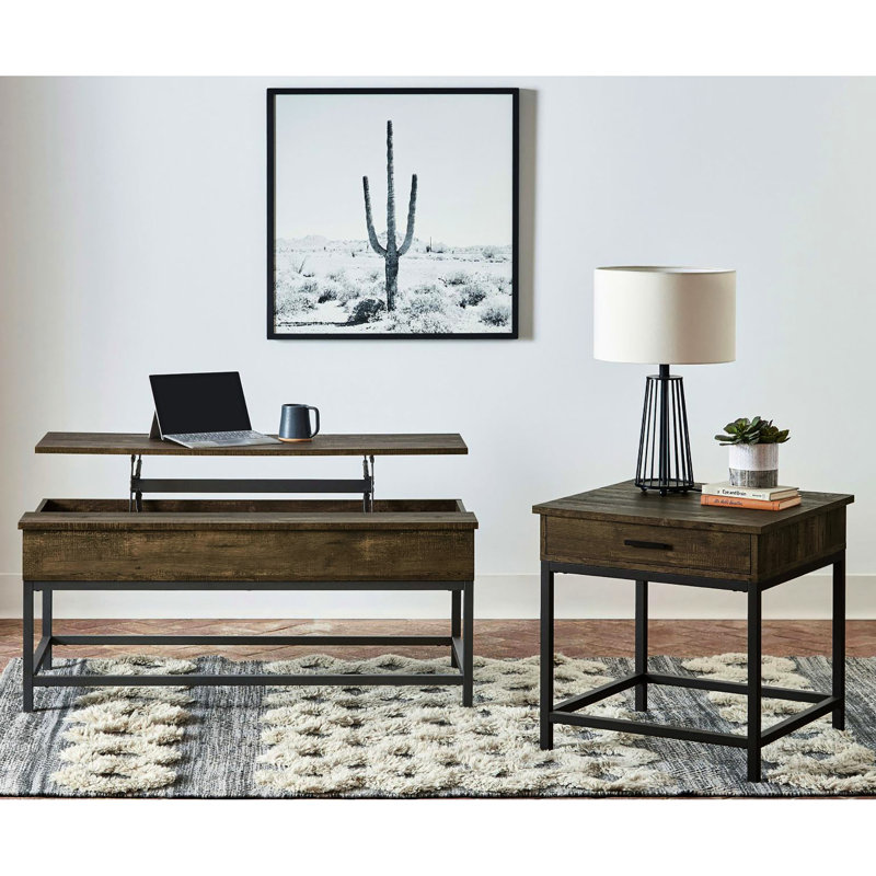 Table de bout de style rustique en chêne brun avec support en métal robuste et pieds de tiroir