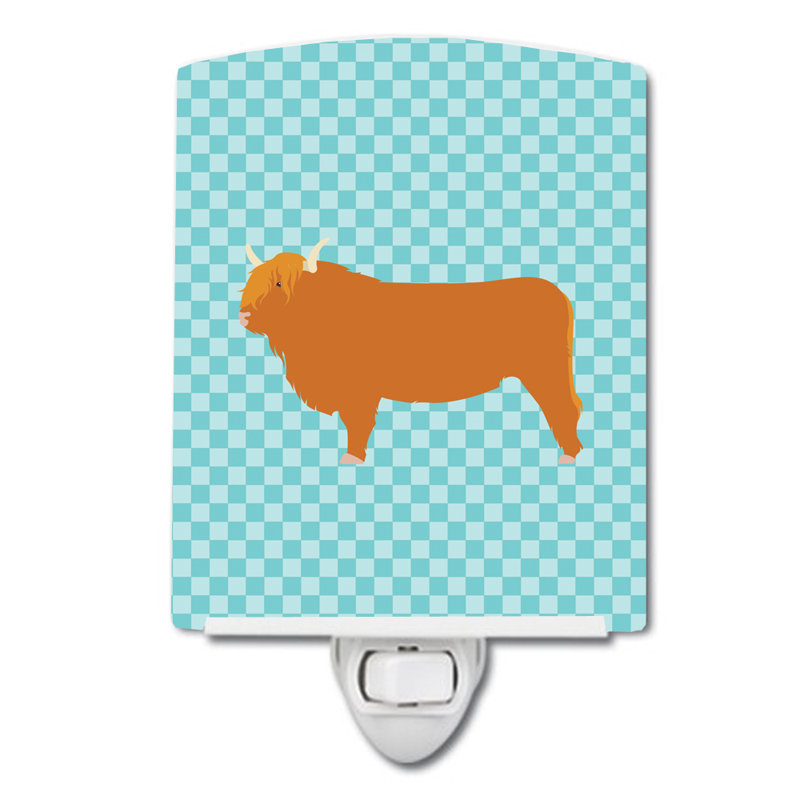 Éclairage de nuit en céramique highland cow check, Bleu