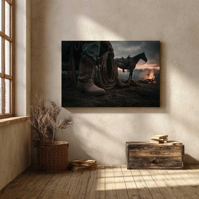 Rustic Cowboy Boots Wall Art - Western Ranch Campfire Scene