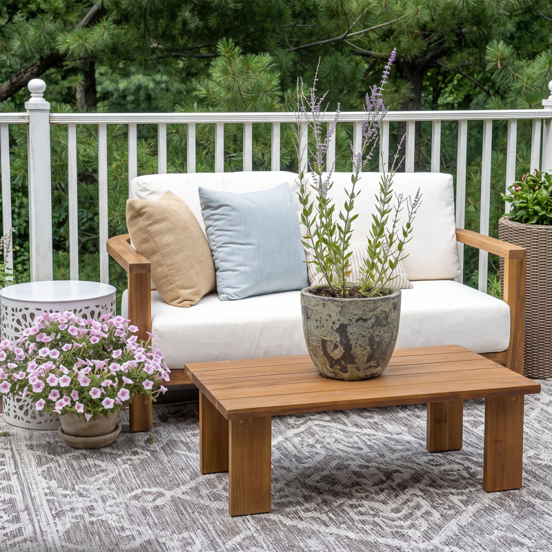 Ensemble de conversation d'extérieur moderne en bois d'acacia à 2 personnes Halenza avec causeuse de patio et table basse Halenza