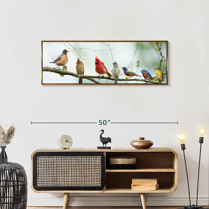 Rassemblement d'oiseaux, 43 po x 15 po, Cadre flottant doré