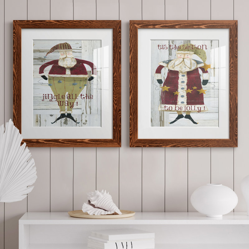 Jingle Santa - ensemble de 2 reproductions, H 20 po x l 17 po x P 1 po, Papier avec cadre érable, Blanc