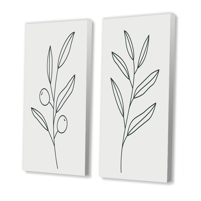 Olive, feuilles d'otaniques et fleur I - ensemble de 2 peintures, H 20 po x l 24 po x P 1 po, Toile tendue