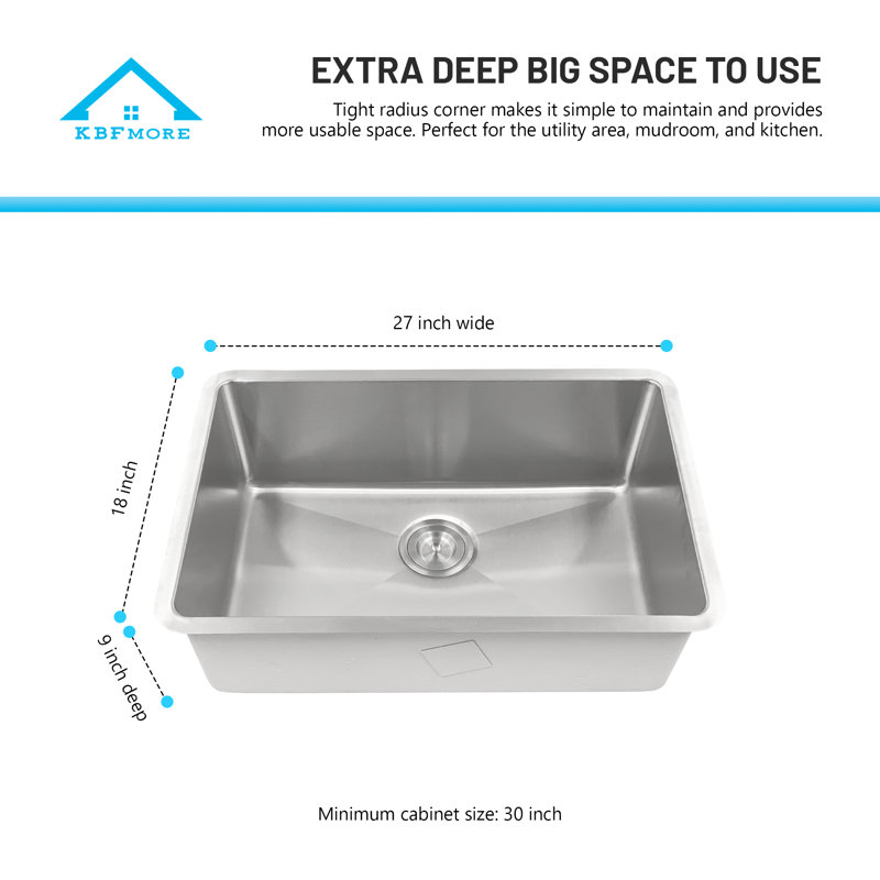 KBFmore Single Bowl Tight Radius Stainless Steel Kitchen Sink, 4 Pcs Sink Gadgets, 18-Gauge, 9" H x 30" W x 9" D