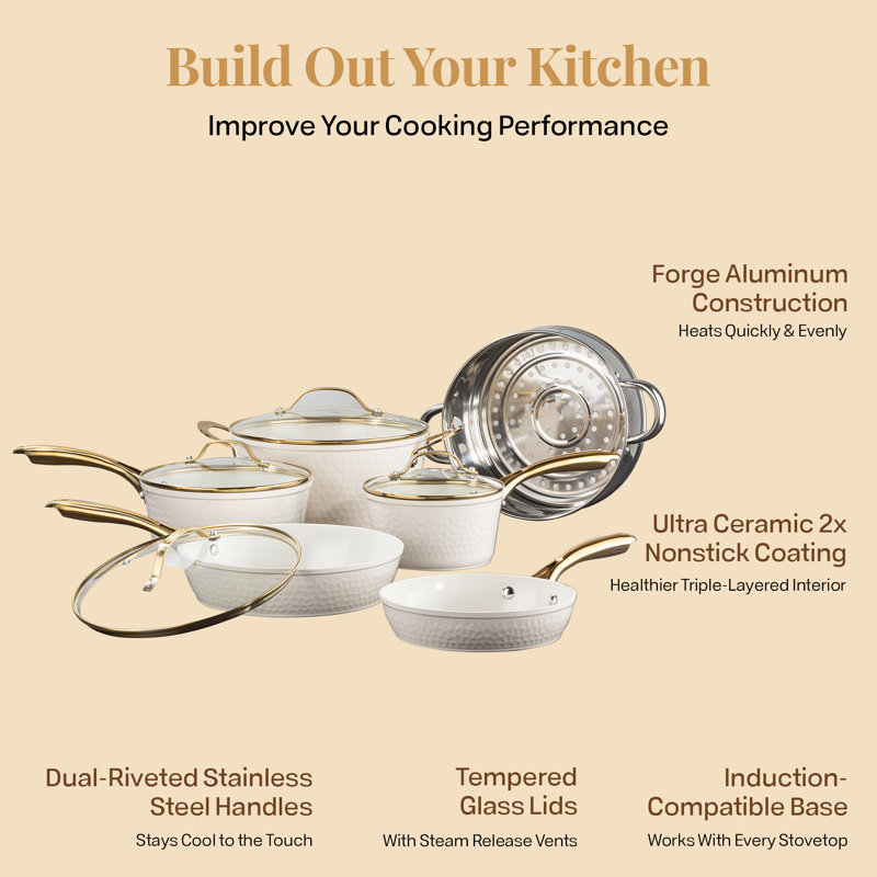 Gotham Steel 10 Piece Hammered Nonstick Ceramic Cookware Set, Cream