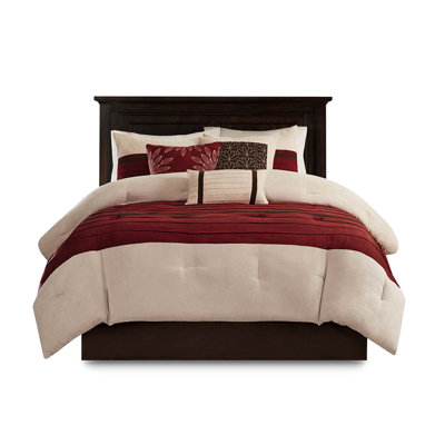 King Comforter - Red Faux Suede Pieced 1 2 Shams 3 Decorative Pillows Bed Skirt Machine Washable Gorgeous