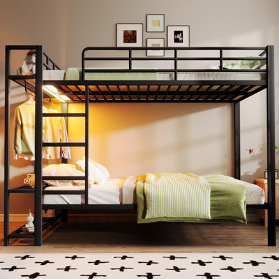 Queen Size Metal Bunk Bed with Storage Shelves, Clothes Hooks & LED Lights, Full over Full, Black