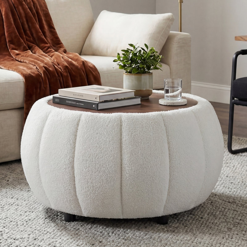 30 Inches Large Round Storage Ottoman, Modern Upholstered Ottoman Coffee Table, Wooden Top, Soft Teddy Fabric Surface, for Living Room, Bedroom, Pumpkin Shape,White