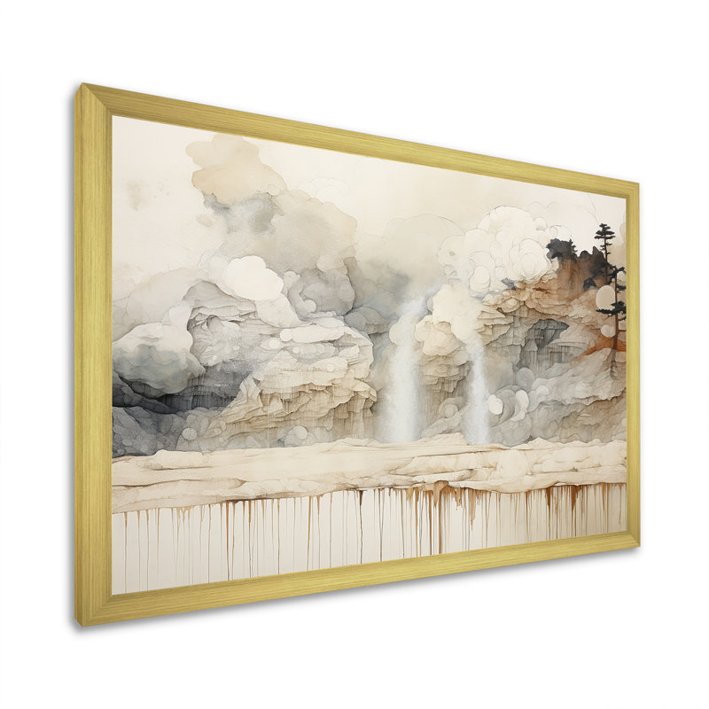" Minimalism Geyser Landscape Tranquility ", 30" H x 40" W x 1.5" D, Gold Single Picture Framed