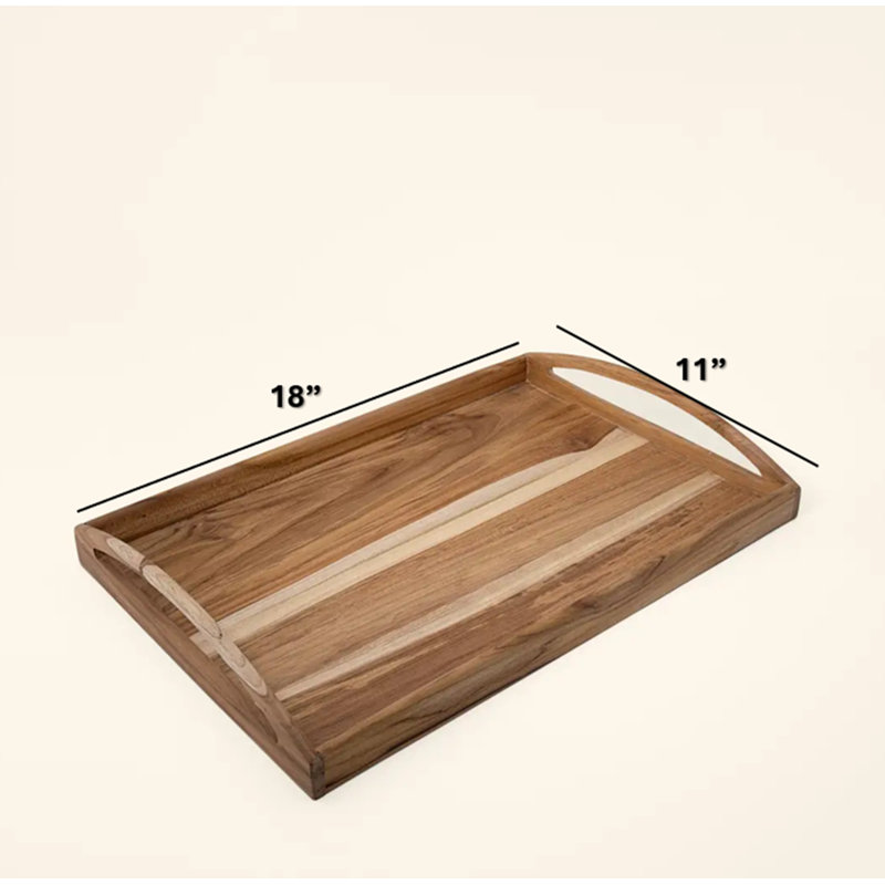 Plateau en bois | Plateau de service rectangulaire en bois de teck fabriqué à la main | 18 x 11 po