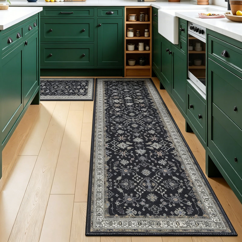 Non-Slip Washable Farmhouse Kitchen Rug Set of 2, Rubber Bottom, Black