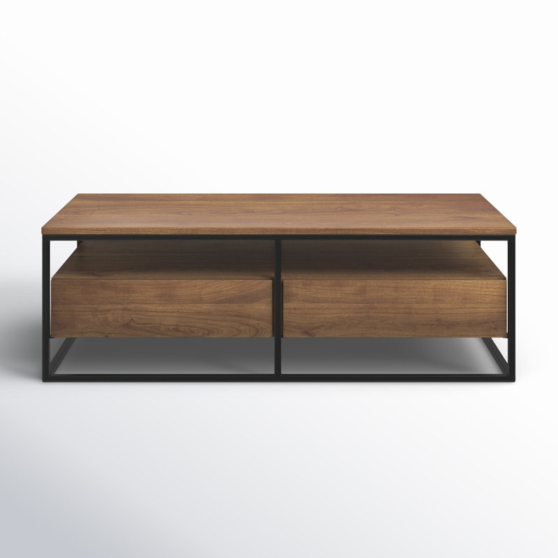Light Brown Rectangular Solid Wood Coffee Table with Storage