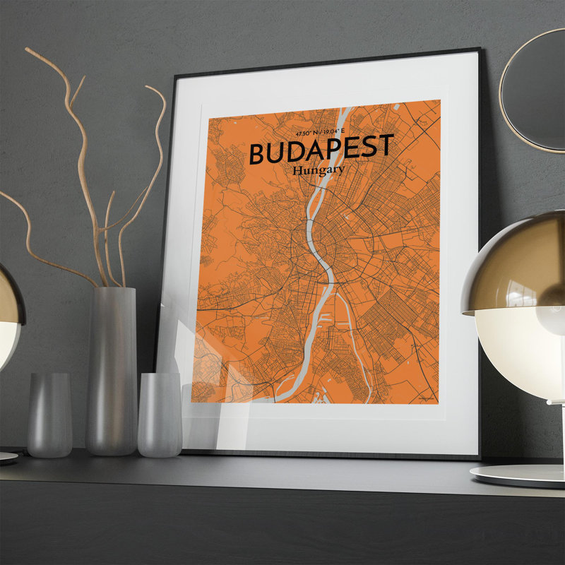 Carte de la ville de Budapest, impression, Oranje, H 20 po x l 16 po x P 0,05 po